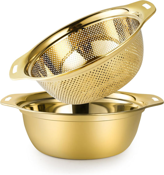 Colander 304 Stainless Steel 3-quart with Mixing Bowls, Strainer for Kitchen Food For washing vegetables, fruit, rice, Dishwasher Safe. (Gold 2PC)