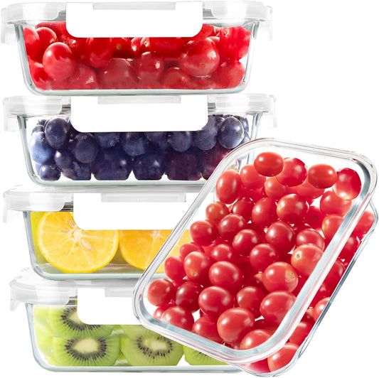 BAYZZ Glass Food Storage Containers, 5 Pack 35 Oz Glass Meal Prep Containers, Lunch Boxes with Airtight BPA-Free Lids, Microwave, Freezer and Dishwasher Safe,White