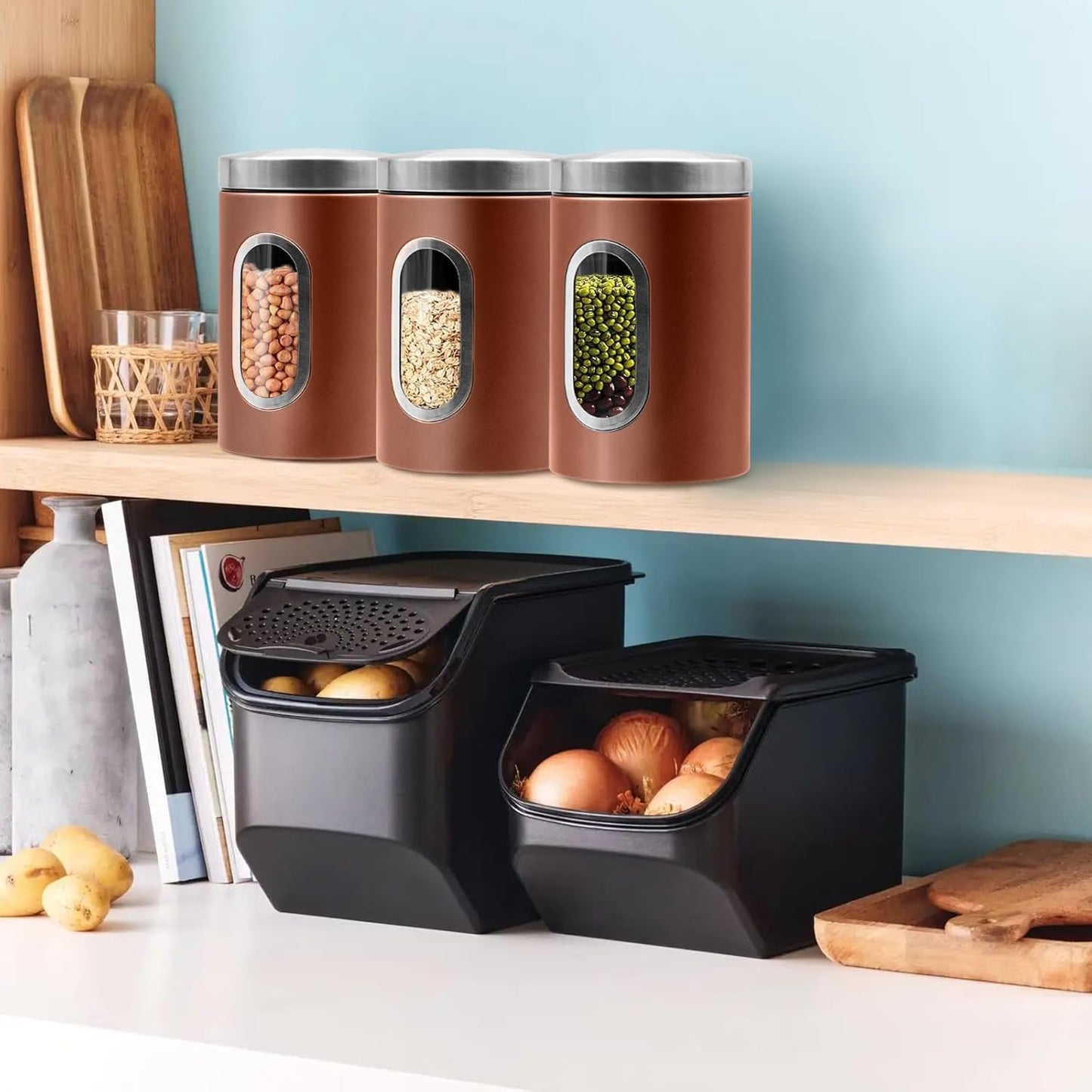 Canisters Sets for the Kitchen, 3pcs Sugar Flour Tea Coffee Storage Jars Stainless Steel Food Container Organizer for Kitchen Counter with Transparent Window (bronzy)