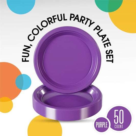 Exquisite Party Solids Purple Plastic Plates For Party Supplies 7" Purple Disposable Plates Heavy Duty 50 Pcs Plastic Dinnerware Sets Heavy Duty 350 GSM Disposable Dinnerware Set