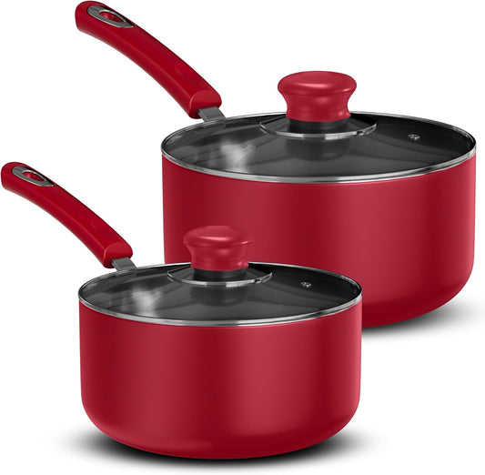 Utopia Kitchen Nonstick Stock Pot Saucepan Set with Lids, 1 Quart and 2 Quarts Multipurpose Stock Pots Set for Home, Kitchen or Restaurant, Red & Black