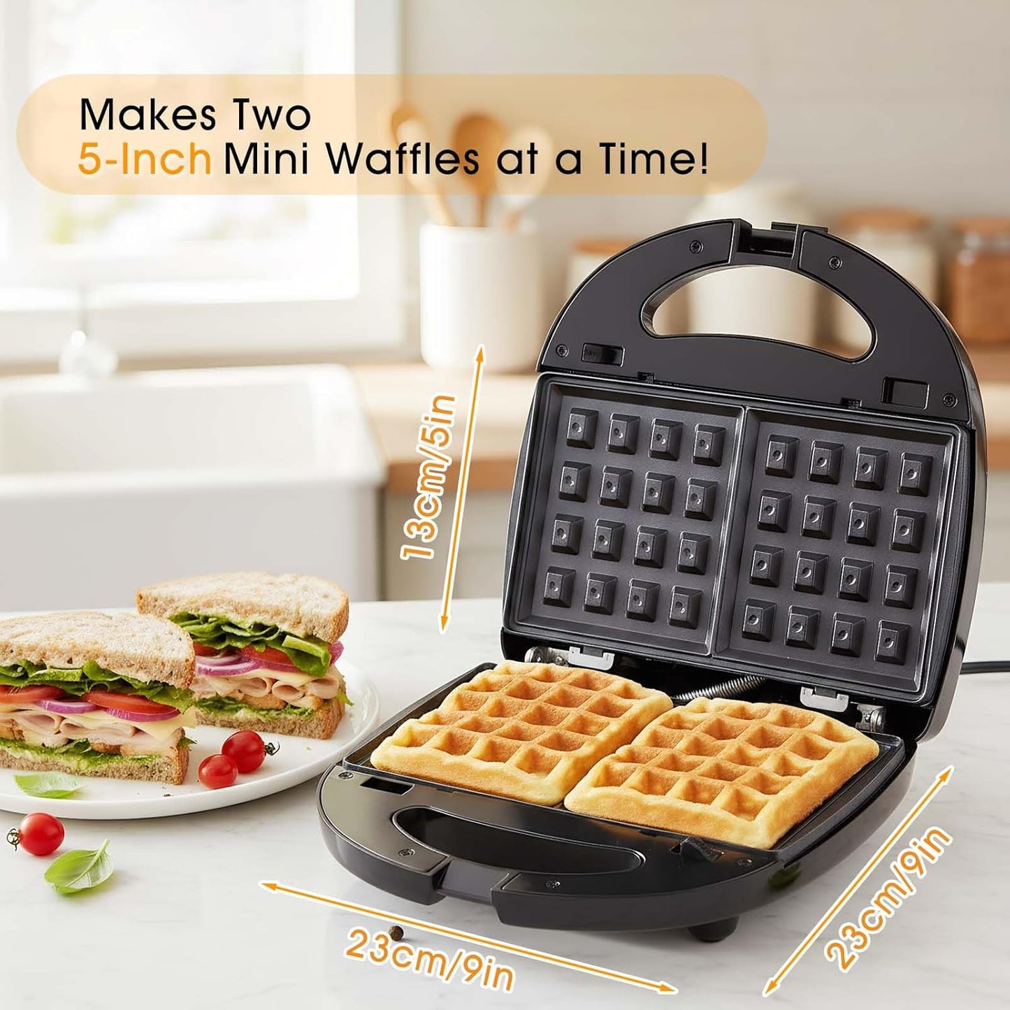 3-in-1 Mini Waffle Maker with Non-Stick Plates, Electric Sandwich Maker, Mini Donut Maker, Breakfast Sandwich Maker Press with Removable Plates, Compact Design & Adjustable Temperature Knob