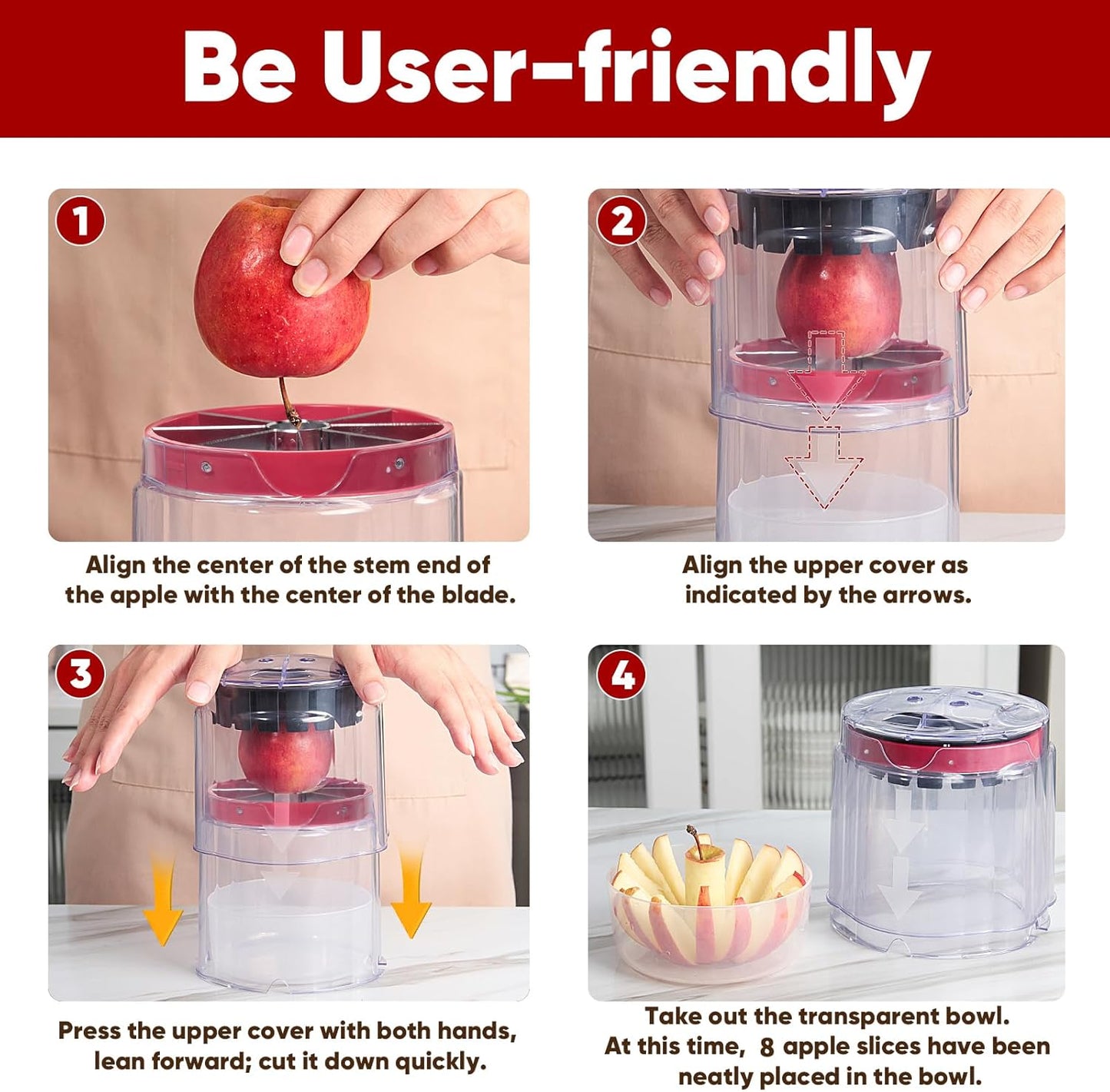 OOKUU Professional Apple Slicer, 8-Slice Ultra-Safe Heavy-Duty Stainless Steel Apple Cutter, 5.12-Inch Extra-Large Corer Cuts Apples All the Way Through with Clear Bowl