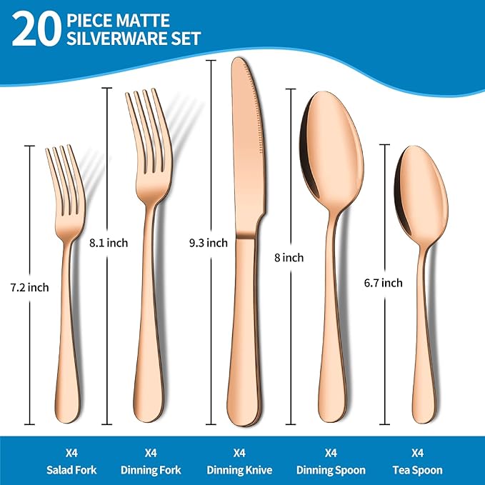 20 Piece Matte Copper Silverware Set, ENLOY Rose Gold Stainless Steel Flatware Cutlery Set for 4, Kitchen Utensil Set Service for 4, Include Knife Fork Spoon, Mirror Polished, Dishwasher Safe