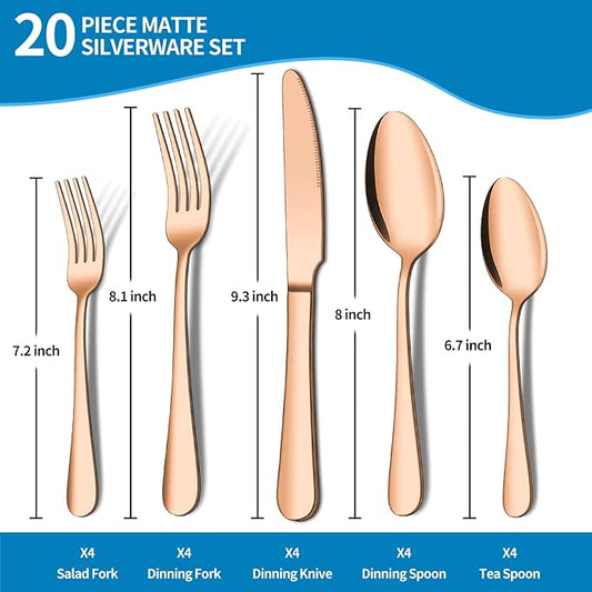 20 Piece Matte Copper Silverware Set, ENLOY Rose Gold Stainless Steel Flatware Cutlery Set for 4, Kitchen Utensil Set Service for 4, Include Knife Fork Spoon, Mirror Polished, Dishwasher Safe