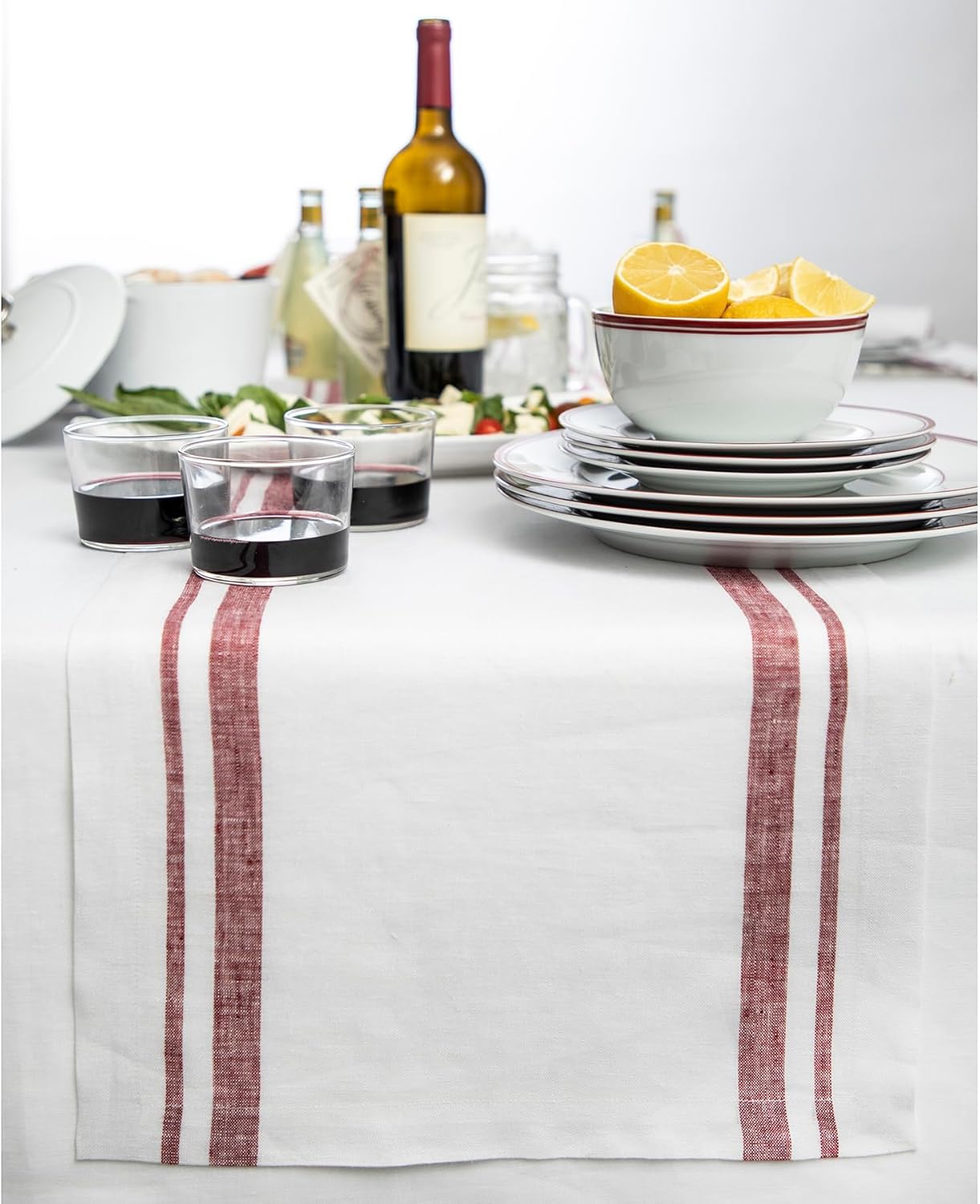 Solino Home Linen Table Runner 60 Inches - 100% Pure Linen Burgundy and White French Stripe Table Runner 14 x 60 Inch Ideal for Dresser and Coffee Tables - Fall, Autumn, Halloween, Thanksgiving