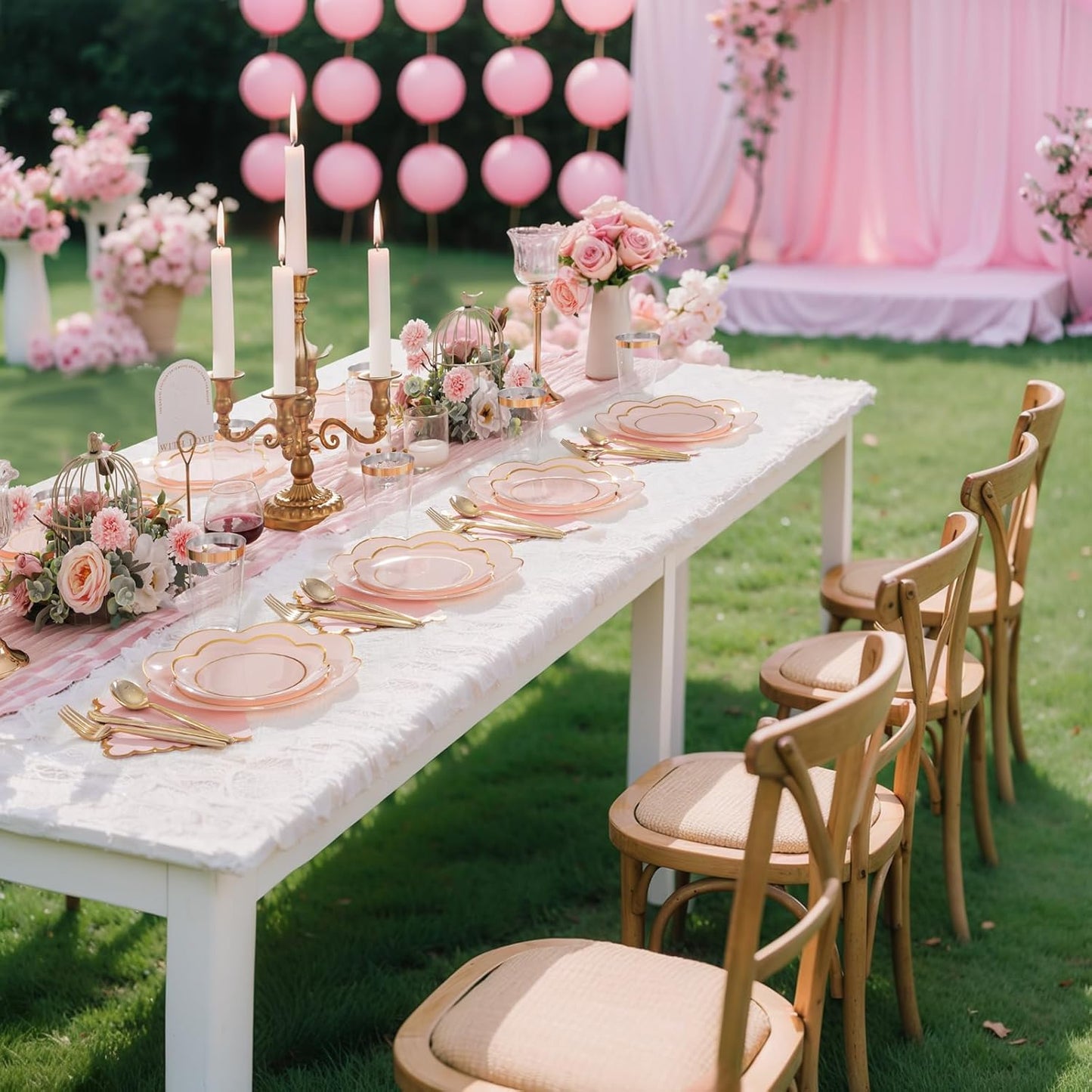 WONDERFUL 350PCS Pink Plastic Plates for Party Plates Disposable Heavy Duty Pink Gold Wedding Plate High End Plastic Dinnerware Sets for 50 Guests - Plate and Cups and Wedding Napkins Sets Large Party