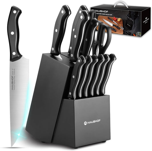 HAUSHOF 14 PCS Kitchen Knife Set With Block Wooden, Razor-Sharp Stainless Steel, Forged Triple Rivet, Chefs, Santoku, Slicing, Utility & 6 Steak Knives, Black