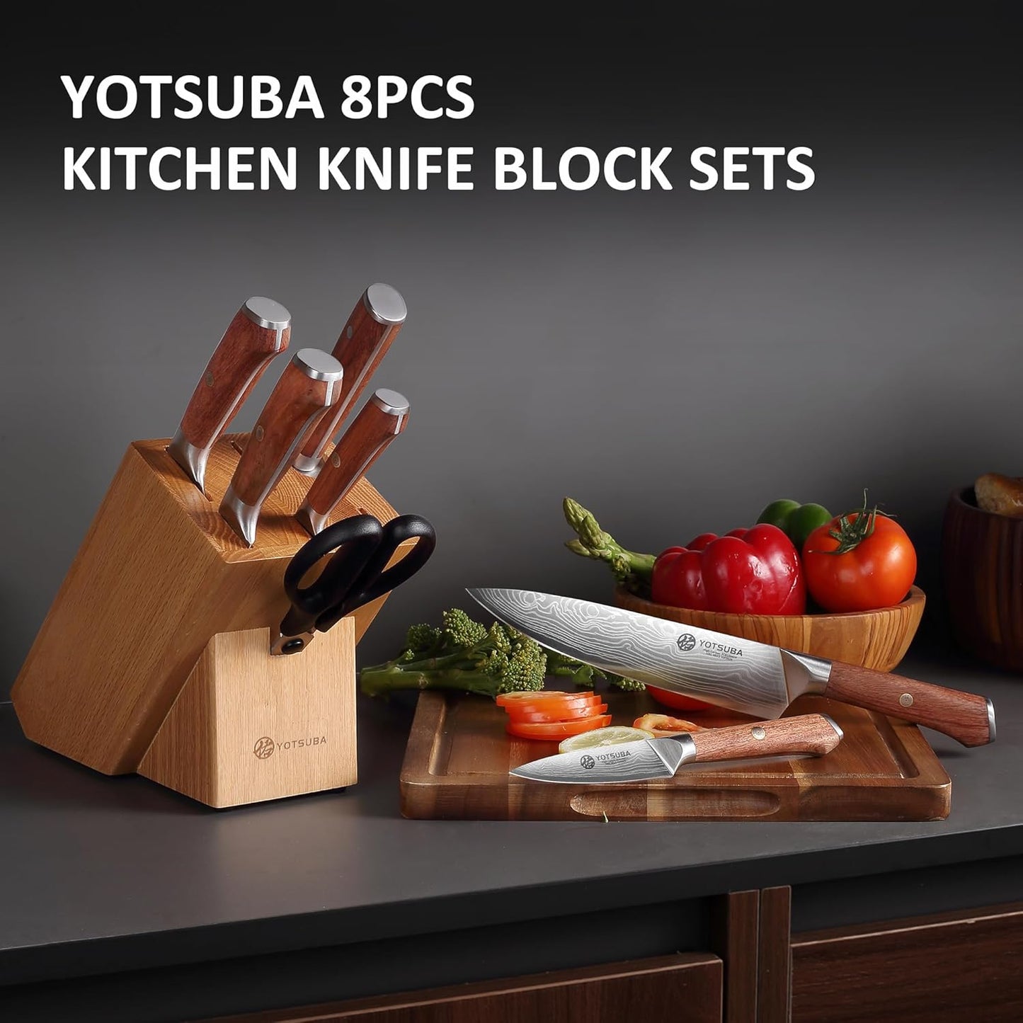 YOTSUBA Kitchen Knife Set with Block, High Carbon Stainless Steel Sharp Knife, with Gift Box (8 PCS Knife Set with block)