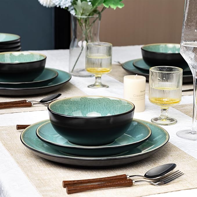 Plates and Bowls Sets for 6 - CJDC-QUELO 18-Piece Stoneware Dinnerware Sets, Ceramic Dishware Set for Indoor Kitchen Use and Formal Dining, Chip and Scratch Resistant Microwave Dishwasher Safe, Green