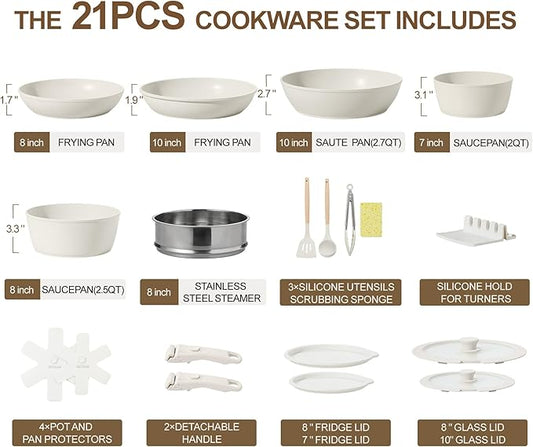 21PCS Pots and Pans Set Ceramic, Pots and Pans Set Non Stick, Removable Handle, Stackable, Nonstick Cookware Set, Non Stick for Cooking