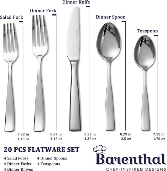Silverware Set for 4, Barenthal 20 Piece Luxury Heavy Duty Silverware Flatware Set, Mirror Finish, Dishwasher Safe, Premium 18/10 Stainless Steel Cutlery Set for Home, Kitchen, Wedding, Party, Gift