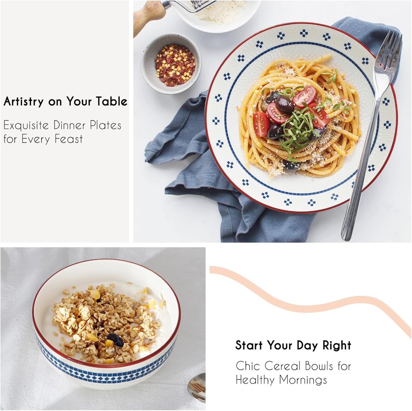 12-Piece Stoneware Dinnerware Set for 4, Geometric Vintage Plates & Bowls, Scratch-resistant Dishwasher & Microwave Safe Dishware, Modern Tableware Service for Everyday Use or Entertaining