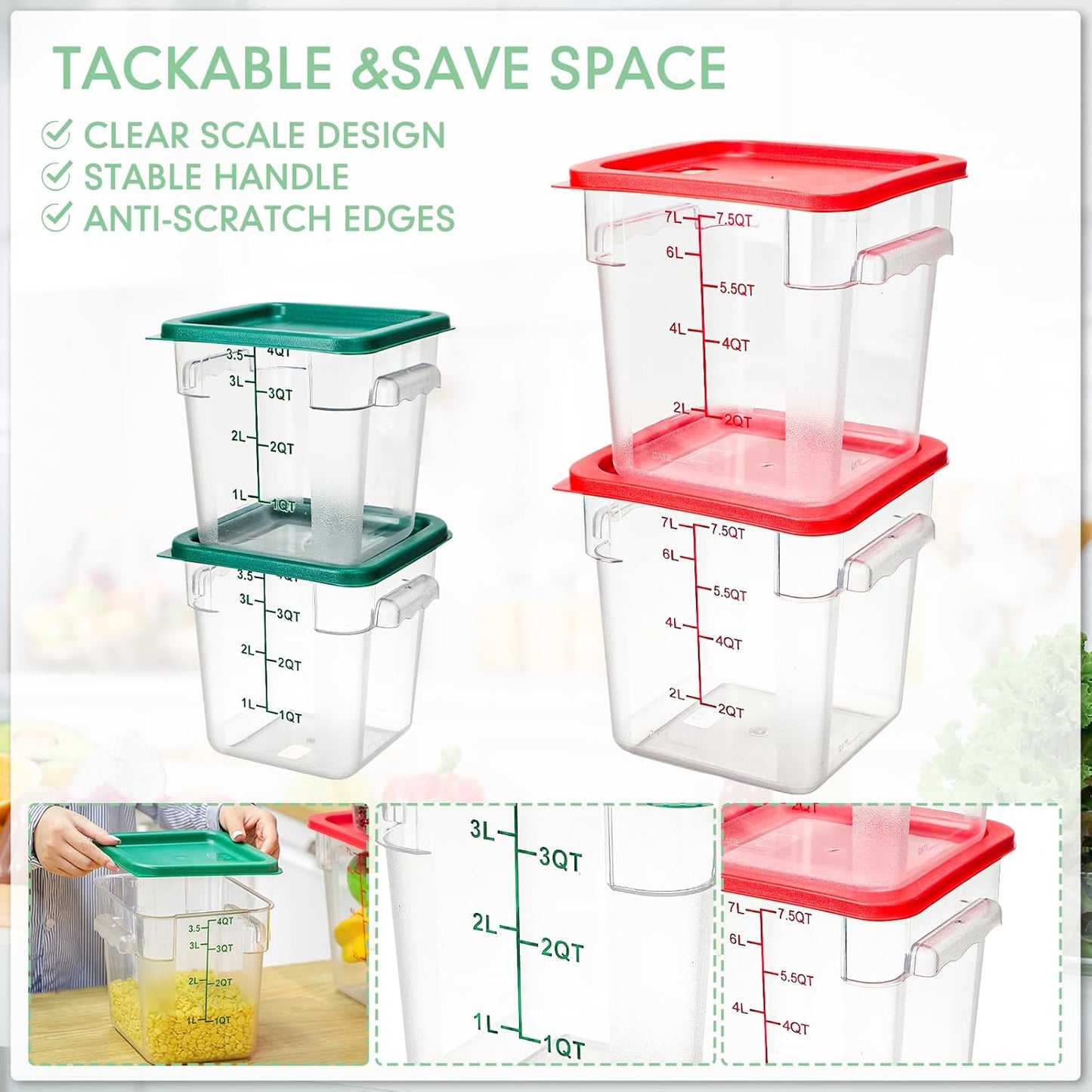 Lallisa 4 Pcs 8 Qt and 4 Qt Clear Food Storage Containers with Lids, Handles and Scales, Commercial Grade Square Containers Polycarbonate Air Tight for Home Storage Kitchen Restaurant(Red, Green)