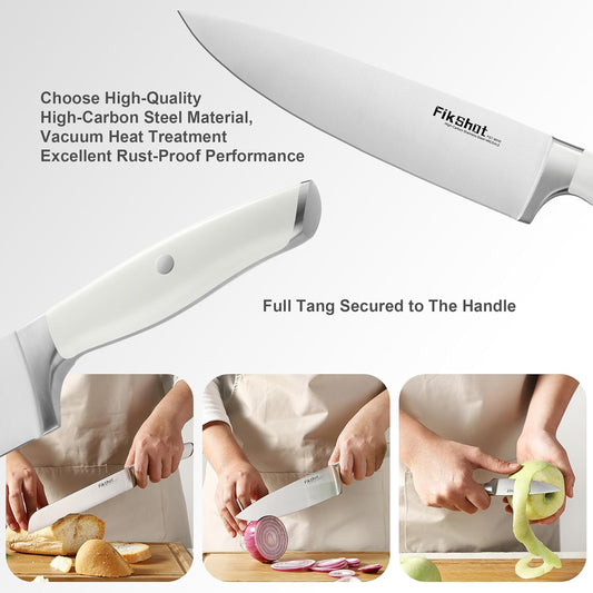 Knives Set for Kitchen, FIKSHOT 14PCS Kitchen Knife Set with Block, High Carbon Stainless Steel Full Tang Knife Sets Razor-Sharp Blade Professional Chef's Knife for Housewarming (WHITE)