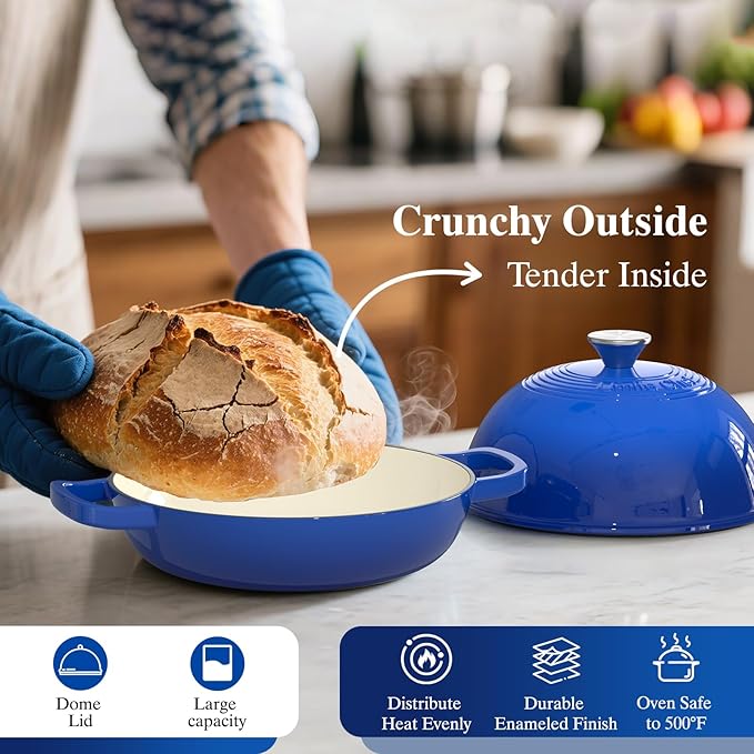 Enamelled Cast Iron Dutch Oven Pot – Dutch Oven Pot with Lid For Sourdough Bread Baking – Cast Iron Bread Oven – Dark Blue, Umite Chef 6QT Pot with Lid & Cotton Potholders