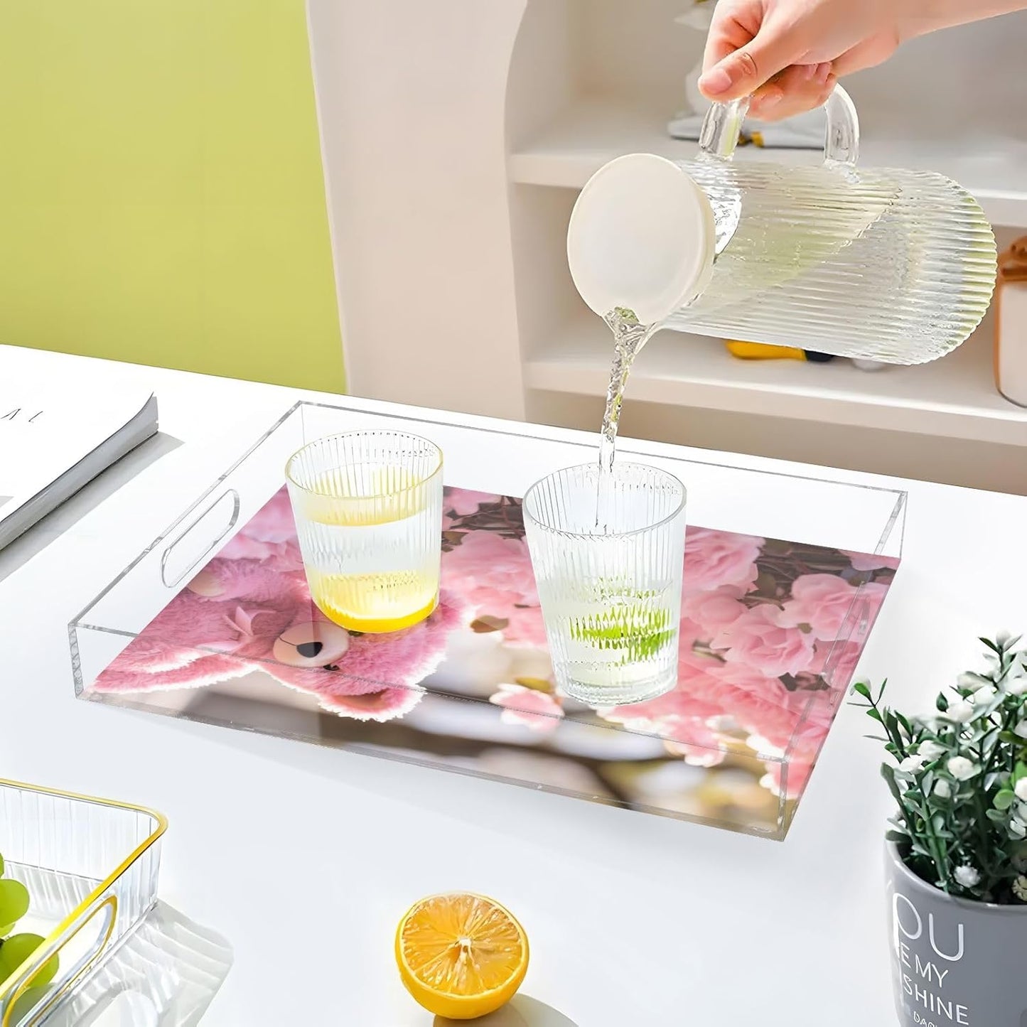 Plastic Food Serving Tray Decorative Vanity Trays for Bathroom Pink Bear Flower Coffee Table Kitchen Counter 11.8 * 15.7in