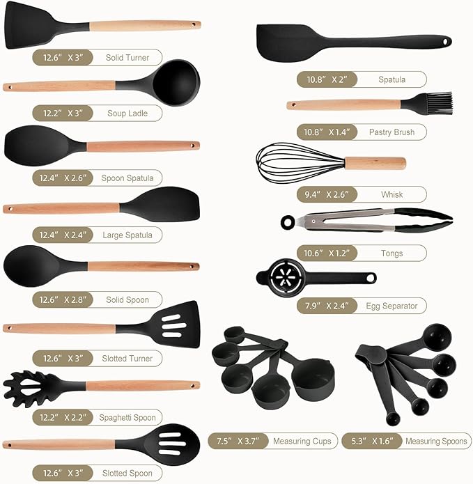 Kitchen Utensils Set - 34 PCS Non-Stick Silicone Cooking Utensils Set with Wooden Handle,Kitchen Gadgets Tools Set for Nonstick Cookware (Black-34P)