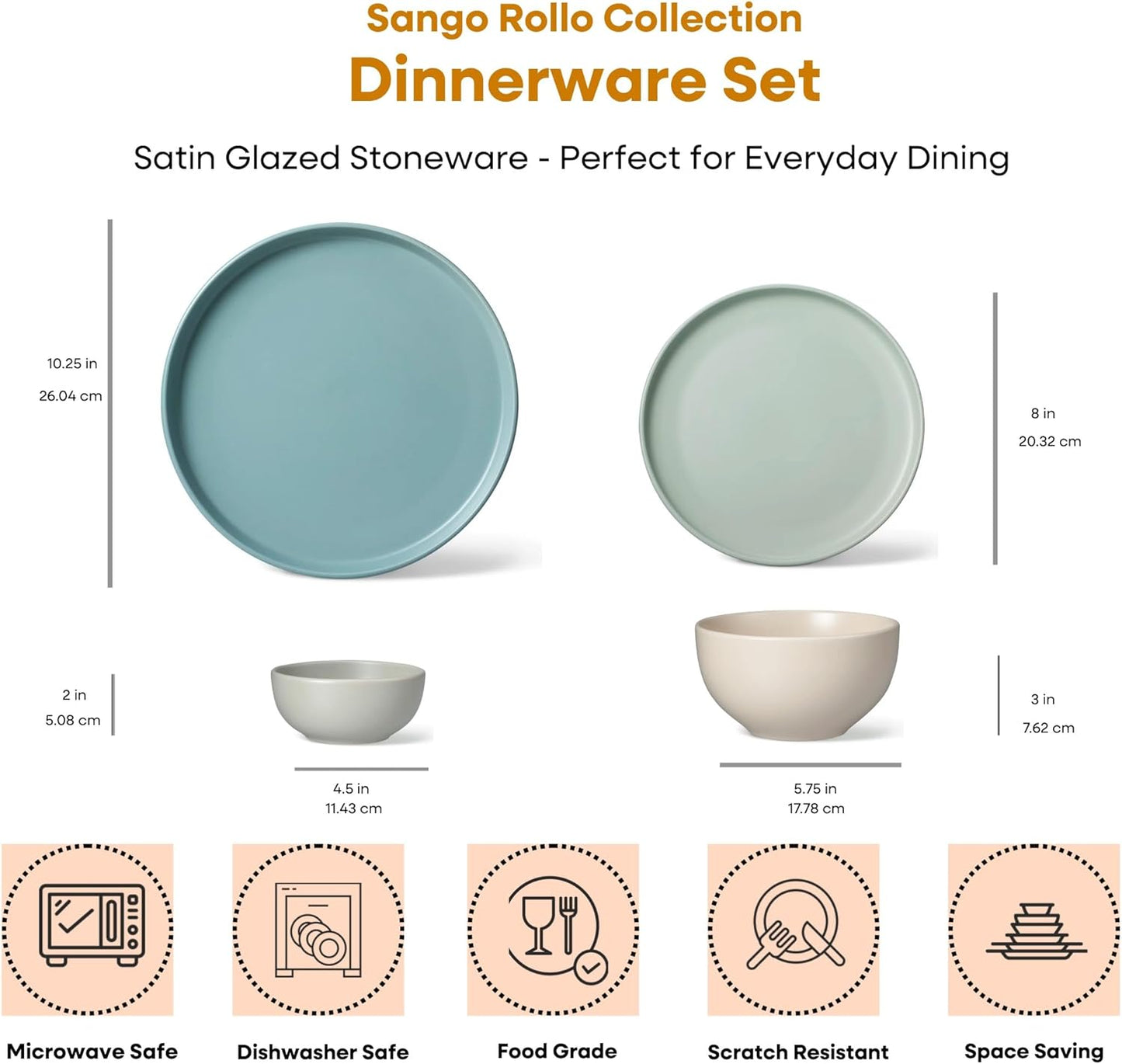 Sango 16-Piece Stoneware Dinnerware Set for 4, Satin Glazed Plates and Bowls Sets with Matte Finish, Ceramic Dish Set, Durable Kitchen Dishes, Microwave & Dishwasher Safe Dining, Rollo Artist's Blend