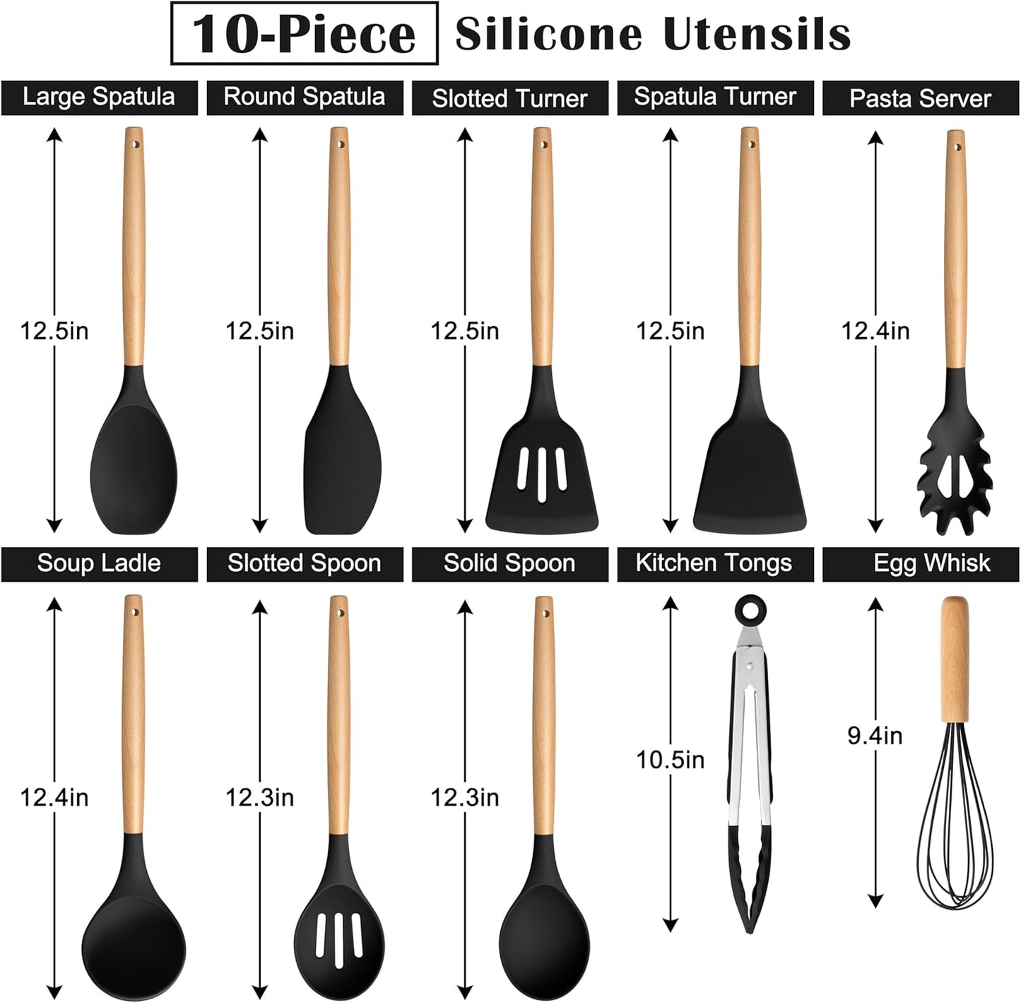 E-far Silicone Cooking Utensils Set, 10-Piece Black Kitchen Utensils Set with Wooden Handle for Nonstick Cookware, Heat Resistant Kitchen Nonstick Tools Spatula Whisk Tongs Ladle, Non-toxic & Healthy