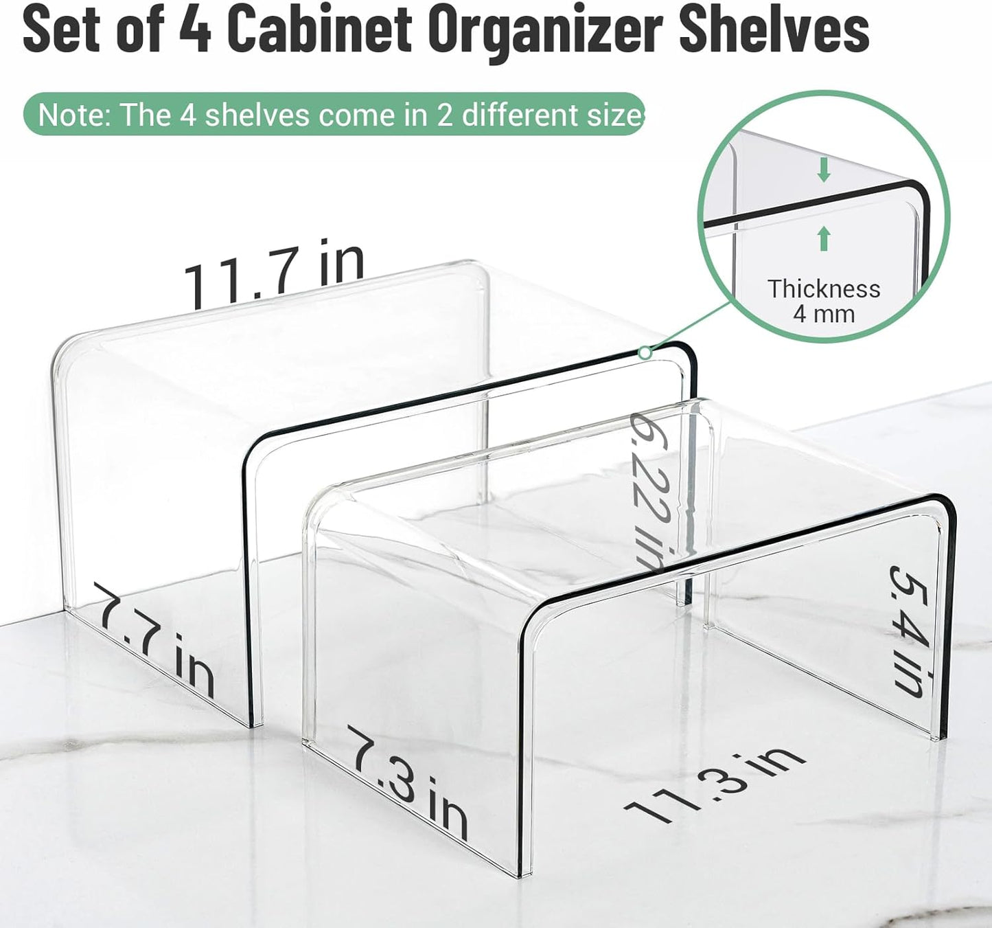 Clear Spice Rack Shelves, Pantry Organizers and Storage Set of 4, Display Shelf Organizer, Room Bathroom Desk Shelf Countertop Organization and Storage, Ideal for Kitchen Cabinet Organizer Shelf