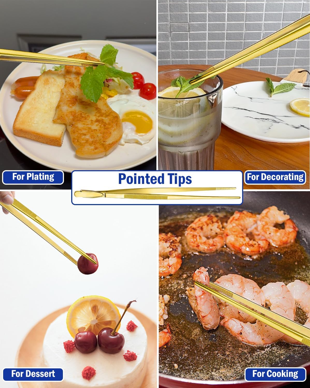 JETKONG 4 Pcs Kitchen Tweezers, 12'' and 10'' Stainless Steel Cooking Tweezers Set, High-Precision Tweezers Tongs for Cooking, Repairing, Seafood and BBQ (Gold)