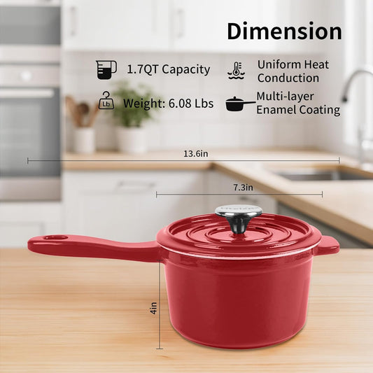 Enameled Cast Iron Sauce Pan with Lid, 1.7 Quart Saucepan with Lid, Small Dutch Oven Pot, Suitable for Small Portions of Soup, Sauces, Oatmeal, Red