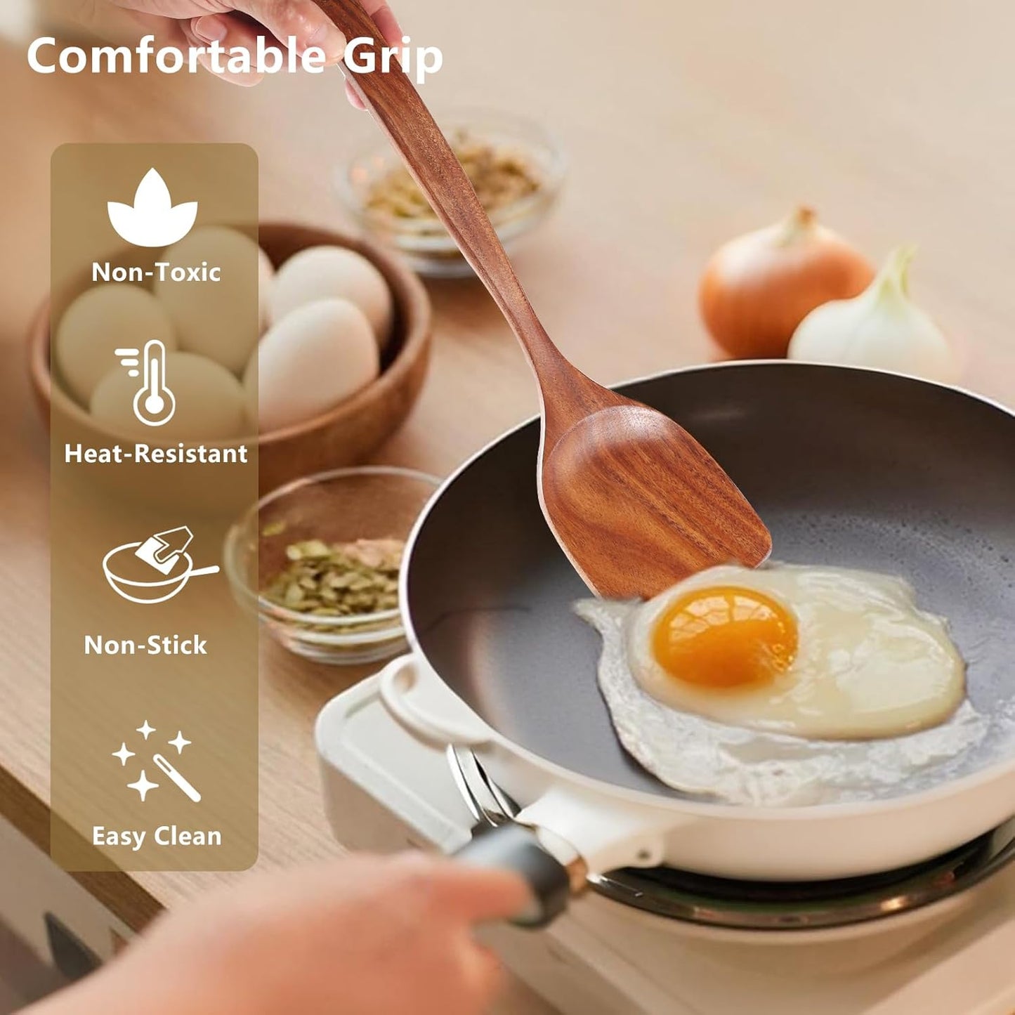 6 Pack Wooden Spoons For cooking – Heat-Resistant Premium Teak Wood Spatula with Comfort Grip, Lightweight Kitchen Cooking Utensils set, wood Spoon utensil Set Perfect for Non-Stick Cookware