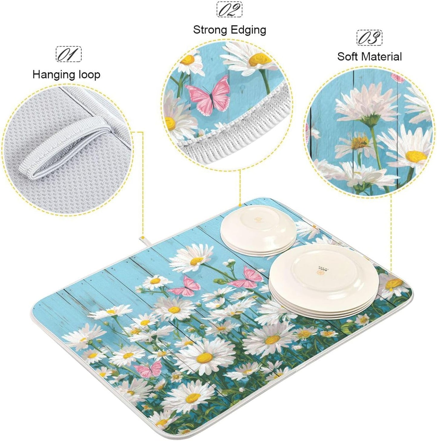 Daisies Flower Pink Butterflies Dish Drying Mat for Kitchen Counter Super Absorbent Dishes Pad Reversible Microfiber Protector Dish Draining Mats 16x18 inch