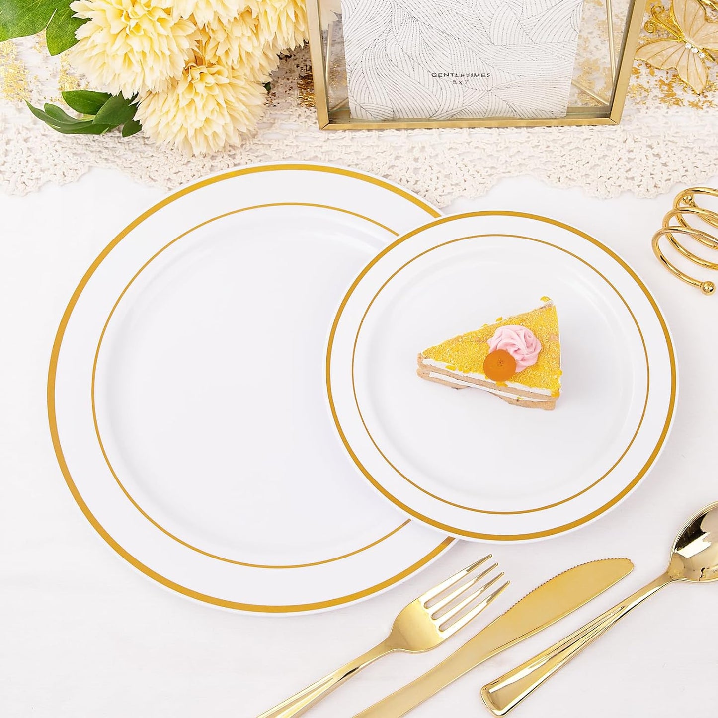 I00000 300 Pcs Gold Plastic Plates with Silverware, White and Gold Plastic Dinnerware Set for Party include: 60Dinner Plate 10.25", 60Dessert Plate 7.5", 60 Silverware Sets for christmas