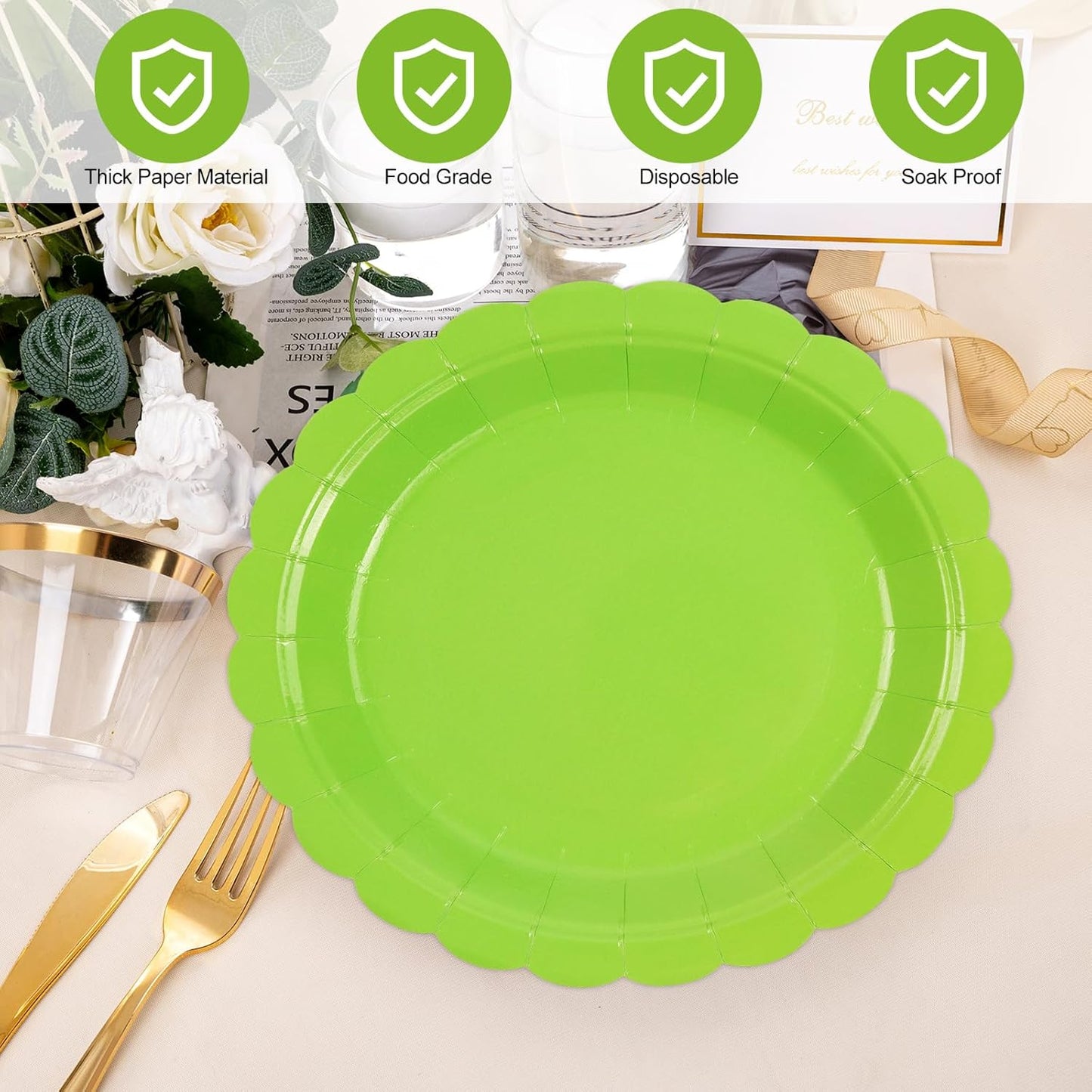 50Pcs Bright Green Paper Plates-7 Inch Solid Color Scalloped Design Birthday Dinnerware Set Disposable Dinner Party Supplies for Wedding Baby Shower Table Decor Pininc Fall Party Decor