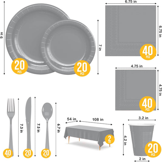 222 Pcs Silver Paper Plates and Napkins Sets, Disposable Plates For Party, Lunch & Cocktail Napkins Paper, 18oz Plastic Cups, Cutlery and Silver Table cloth Plastic Dinnerware Set