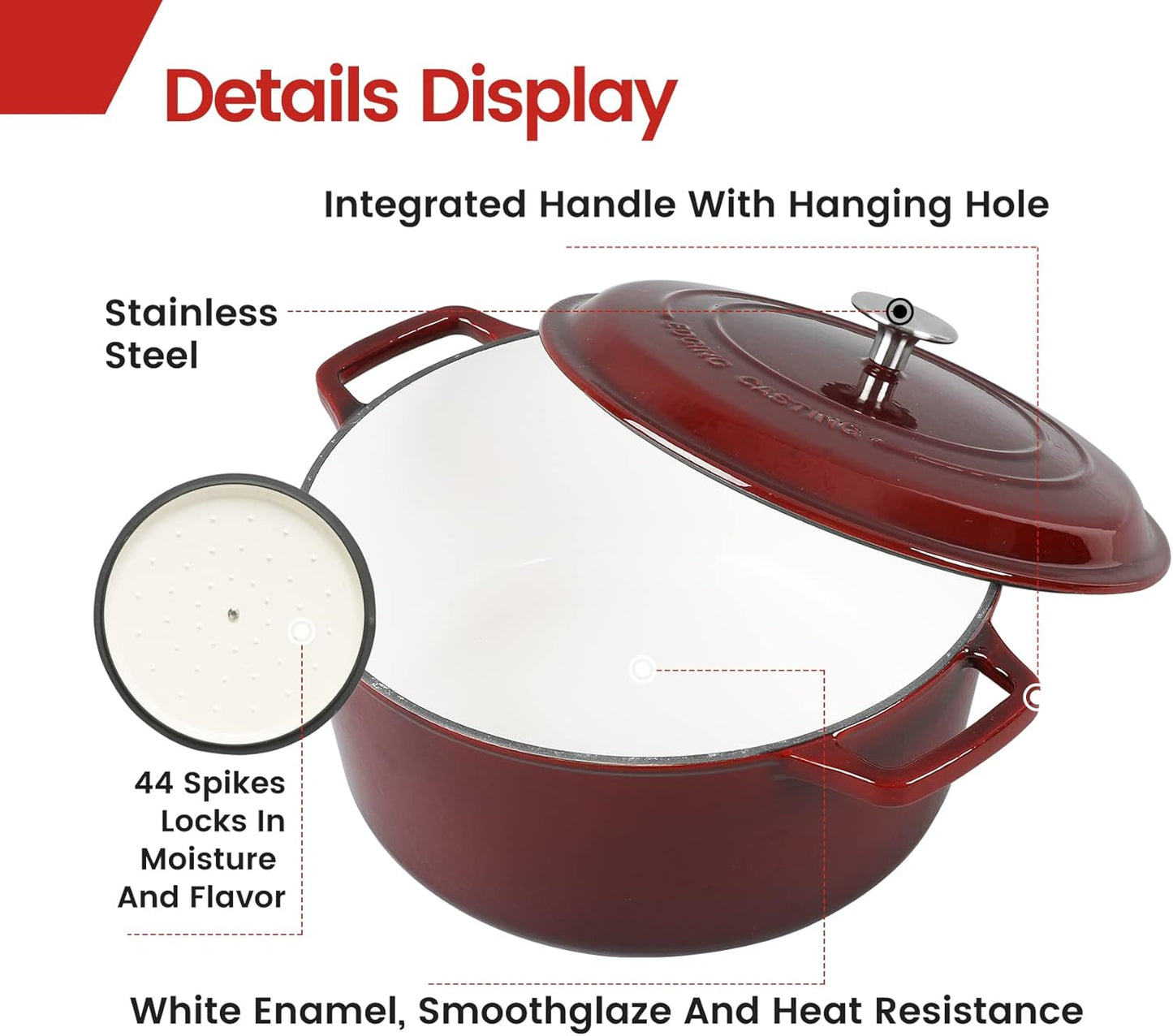 Enameled Cast Iron Dutch Oven Pot With Lid, Dutch Oven for Sourdough Bread Baking Round Pot Dule Handle, 6 Quart, Wine Red