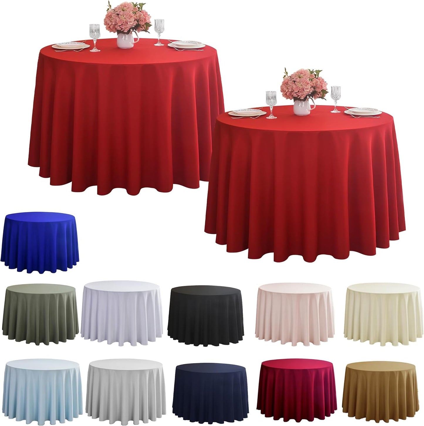 2-Pack Round 108-inch Red Table Cloths, Solid Stain and Wrinkle Resistant Circular Tablecloth, Premium Plain Weave Polyester Fabric Table Linen Covers for Hotel, Banquet