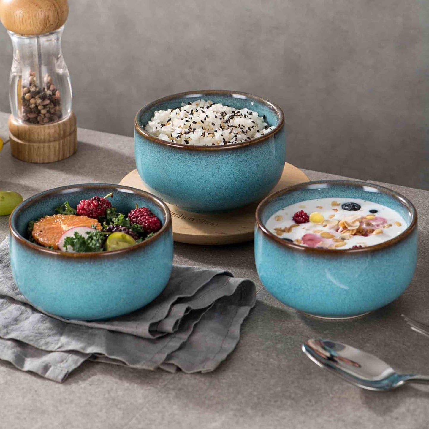 Henten Home Ceramic Salad Bowl Set, 15 OZ Cereal Bowls Set of 4, Porcelain Rice Bowls for Kitchen, Reactive Glaze Serving Soup Bowls for Snack, Pasta, Microwave Safe (Aqua)
