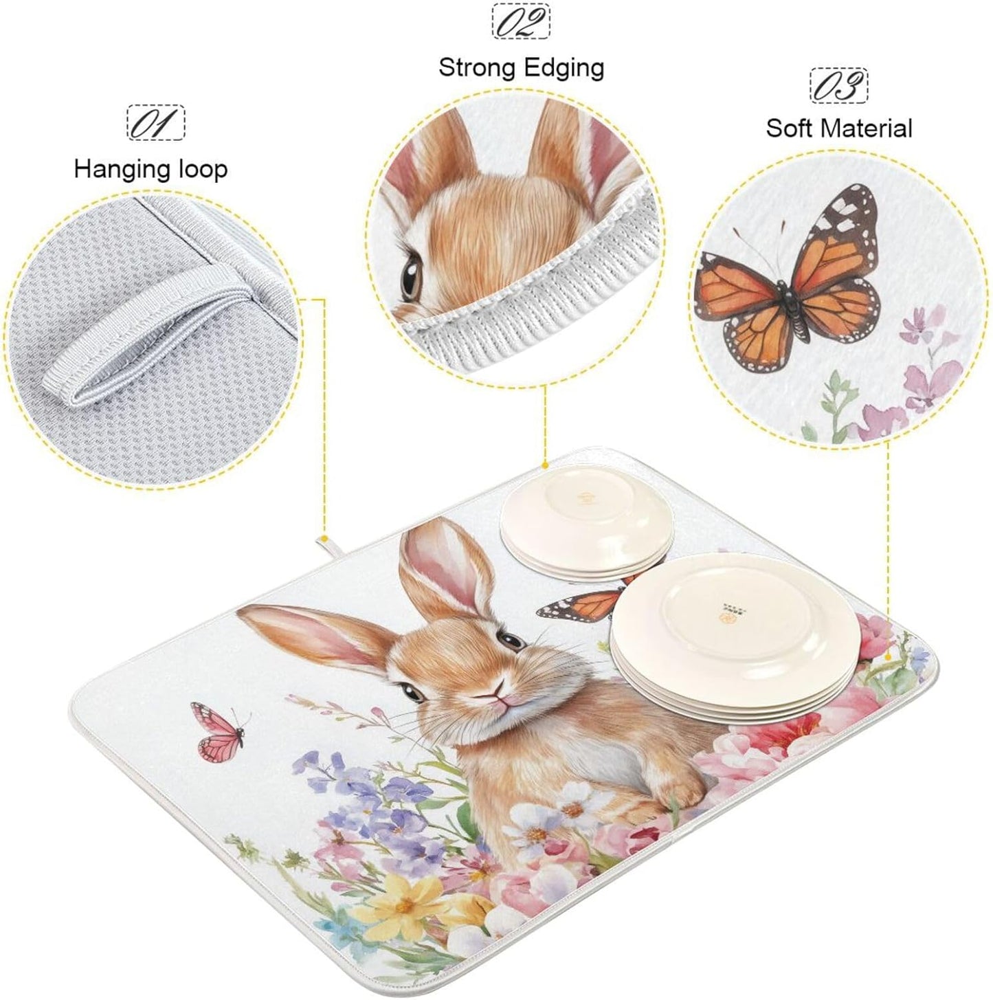 Cute Bunny and Blooming Flowers Dish Drying Mat Super Absorbent Drying Mat 16x18 inch Large Dish Drying Mats for Kitchen Counter Dish Drying Pads Kitchen Drying Matt for Countertop