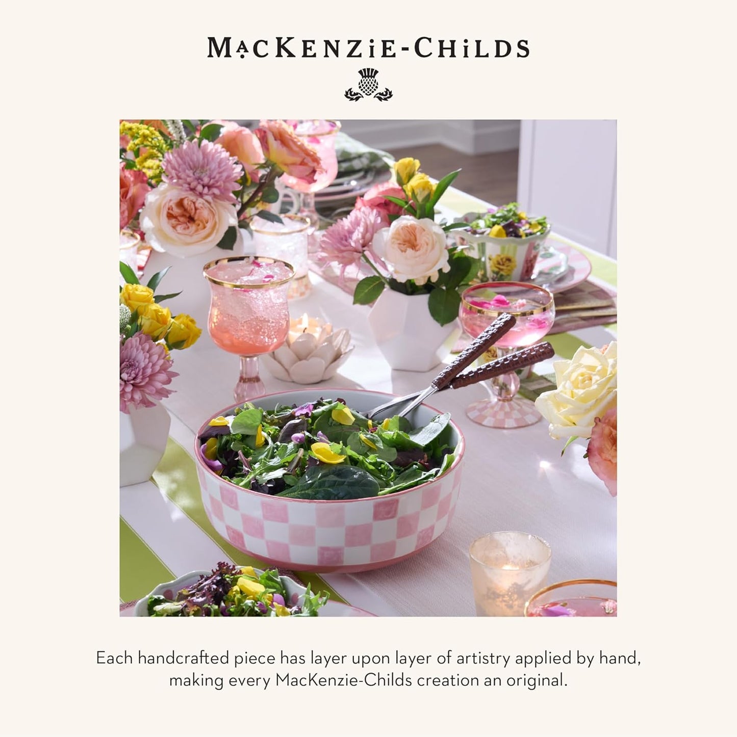 MACKENZIE-CHILDS Stoneware Serving Bowl, Large Decorative Bowl, 14-Cup Capacity, Pink Check