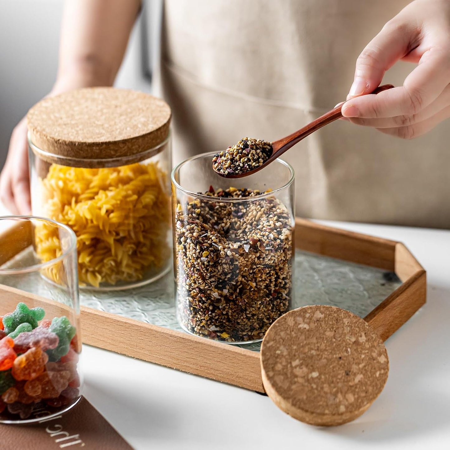 Airtight Glass Jars with Cork Lids - 2 Sizes Glass Storage Containers, Food Storage Jars for Coffee, Tea, Spices, Flour, Snacks, Cereal, Dry Goods - Clear Canisters for Countertop or Cabinet(4)