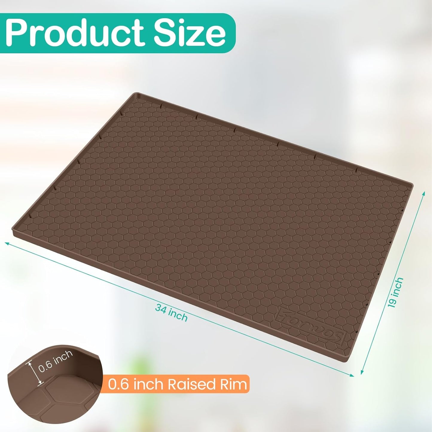 Waterproof Under Sink Mat 34" x 19", Silicone Cabinet Liner, Rubber Protector for Kitchen and Bathroom, Keeps Cabinets Clean, Dry, and Organized (Brown)