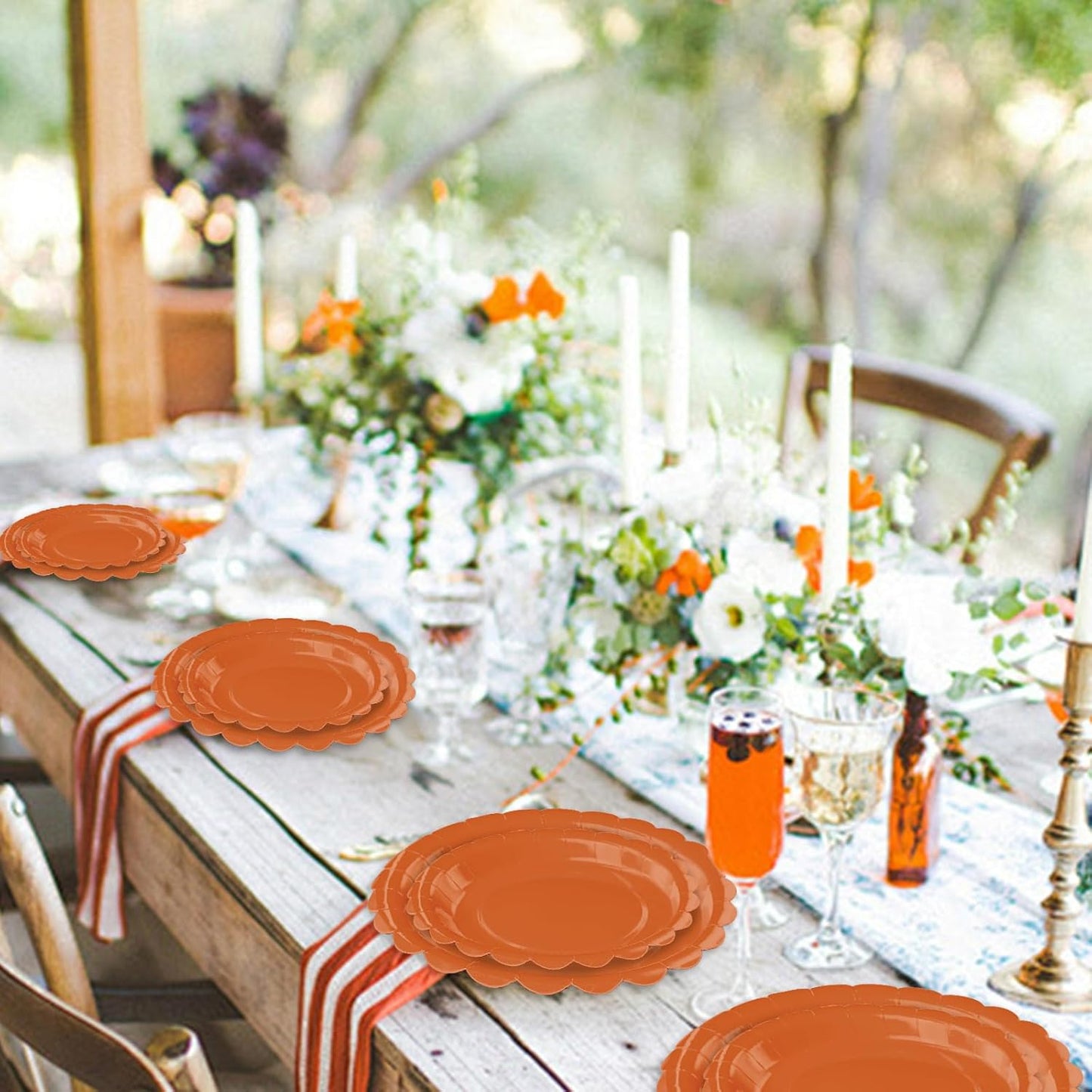 50 Pcs Orange Scalloped Paper Plates 25 × 7'' and 25 × 9'' Disposable Orange Scalloped Dinner Plates for Wedding Baby Shower Birthday Thanksgiving Party Fall Dessert Plate