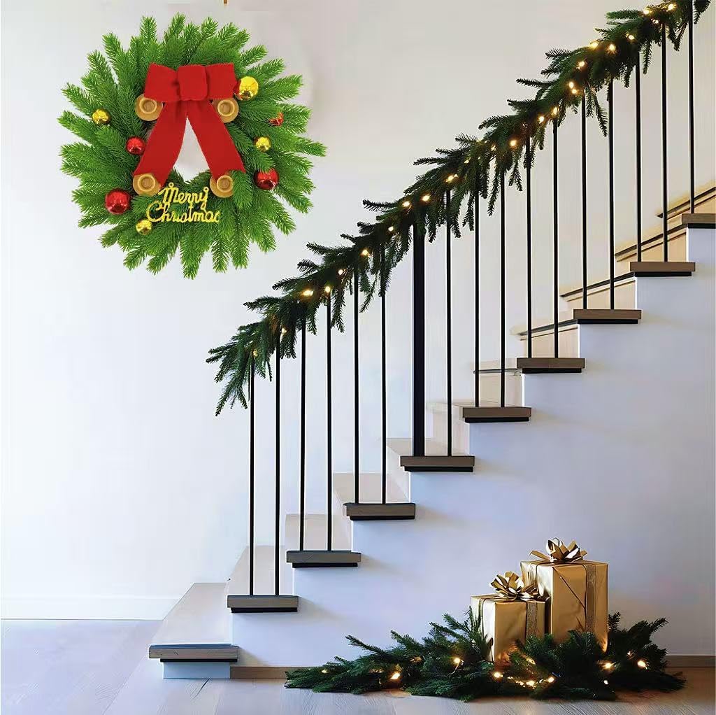 20Inch Christmas Candle Wreath, Realistic Pine Advent Wreath with Red Gold Balls and Bow, Kitchen Cabinet Candle Holder for Table Wall Window Porch Front Door Fireplace Decor