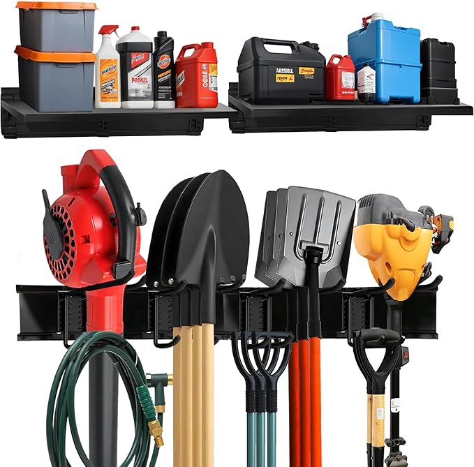 TIDYME Heavy-Duty Garage Wall Storage System | Wall Mounted Tool Organizer Rack with Shelving | 12-Piece Mounting Kit | 6x10” Double-Layered Hooks & 2x24” Floating Utility Shelves