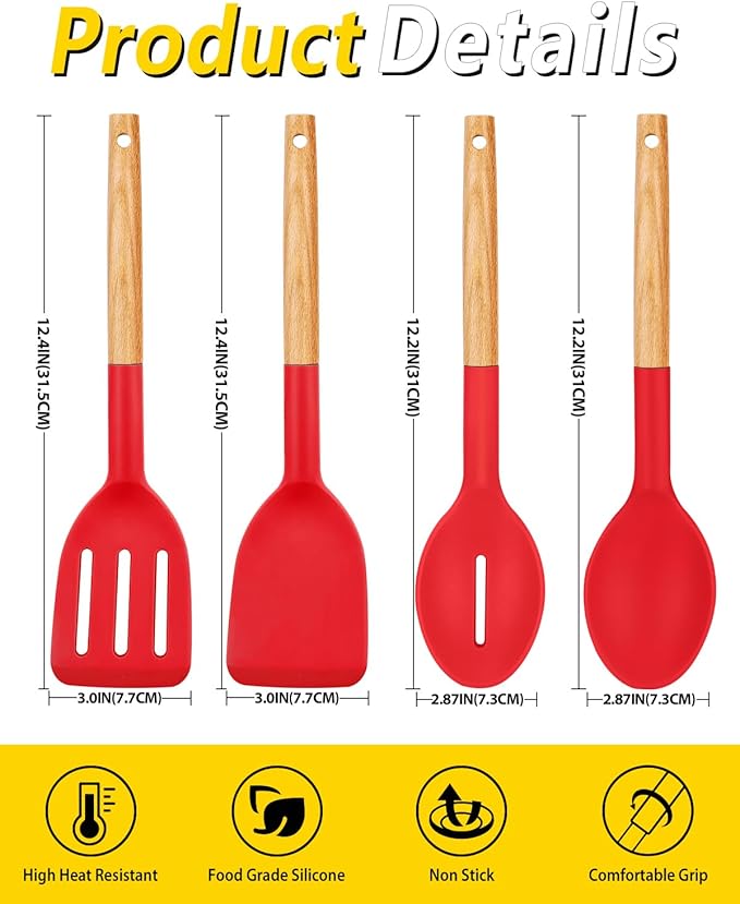 Pack of 4 Silicone Cooking Utensils Set, Non Stick Solid Spatulas and Heat Resistant Slotted Spoons with Wooden Handle, Ideal Wood Kitchen Utensils Set for Frying,Serving,Turning,Stirring (RED)