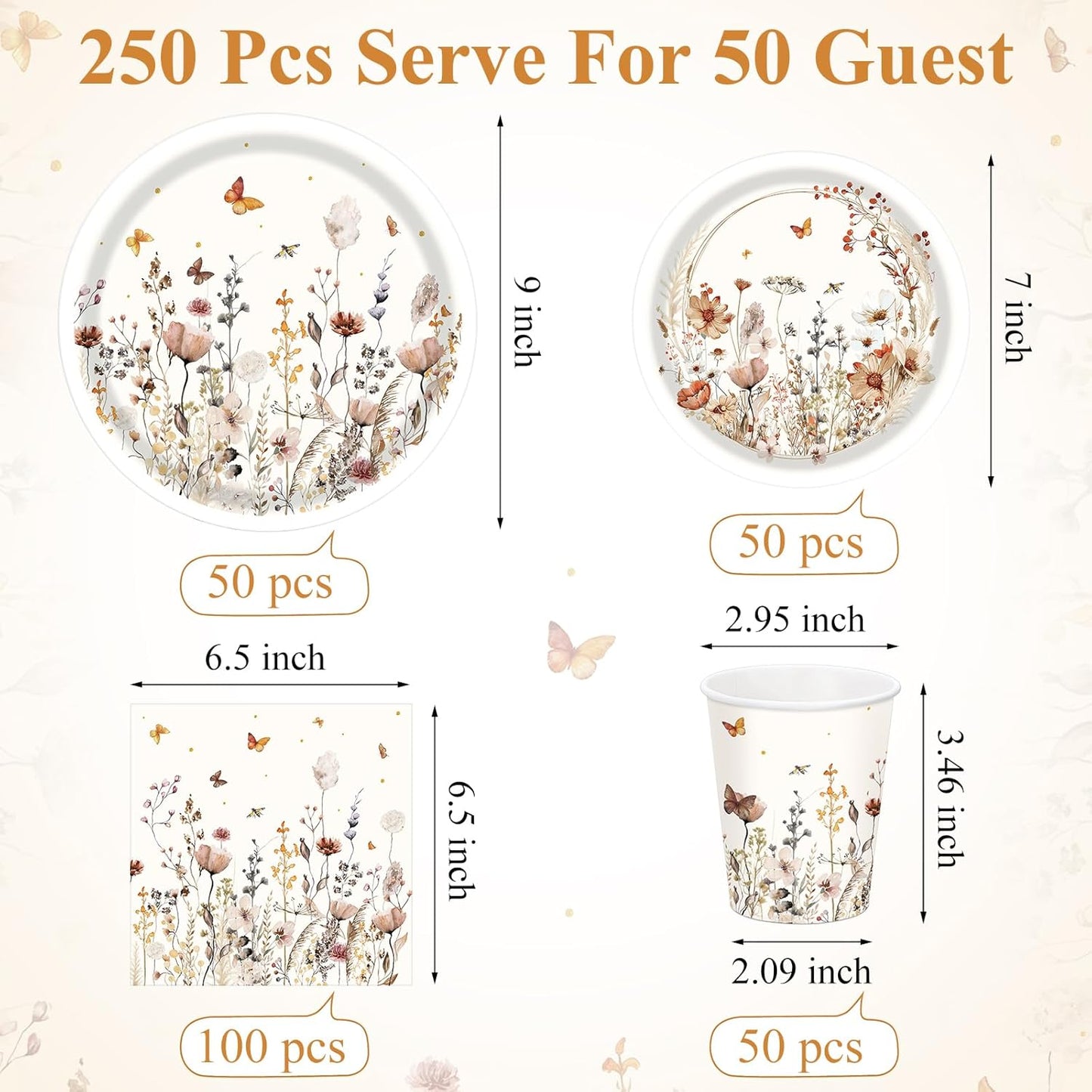 250 Pcs Wildflower Party Decorations Include Boho Autumn Fall Floral Paper Plates Napkins and Cups for Wildflower Baby Shower Tea Decorations, Serve 50 Guest