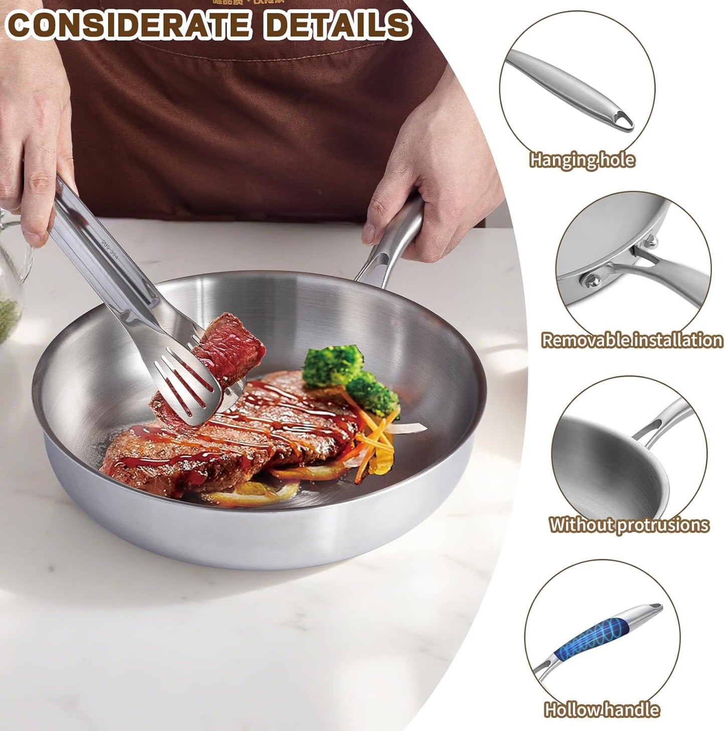 GOLDEN KEY 10 inch Tri-Ply Stainless Steel Pan,Stainless Steel Skillet with Lid,Frying Pan with Lid Compatible with All Cooktops Up to 600,Dishwasher Safe