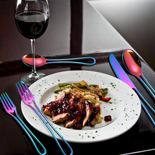 A·HOUSEWARE Iridescent Silverware Hollow Design 20 Piece Stainless Steel Flatware Set of 4 include Forks Spoons Knives Rainbow Utensils Color for Restaurant Parties Durable