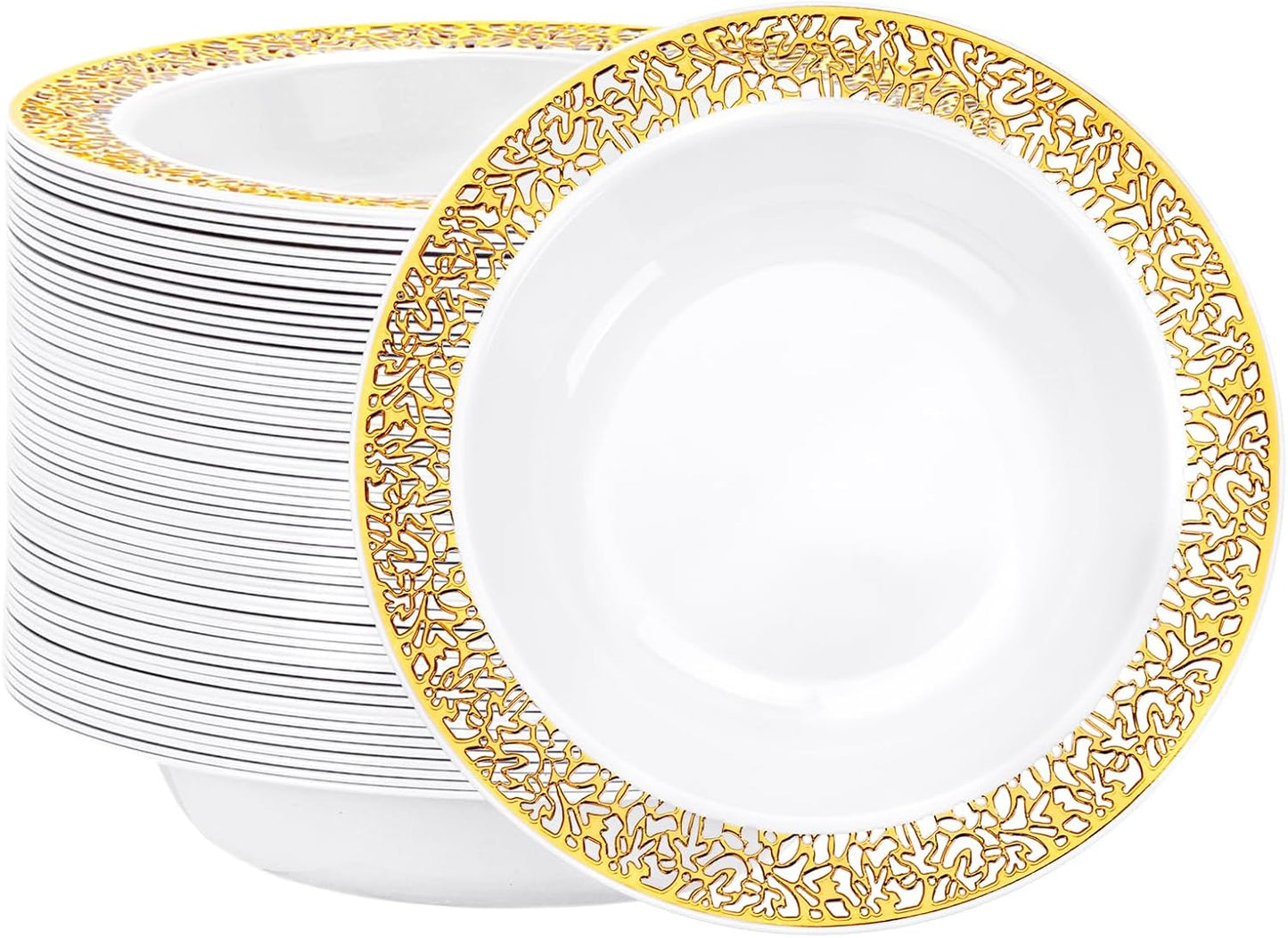 I00000 100 Disposable Gold Plastic Bowls, 12 oz Disposable Bowls, Lace Christmas Thanksgiving Trim, Premium Heavy Duty Plastic Bowl for Party