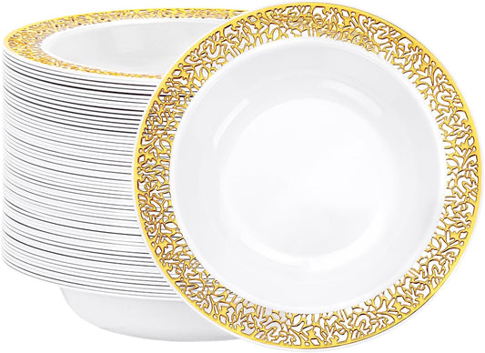 I00000 100 Disposable Gold Plastic Bowls, 12 oz Disposable Bowls, Lace Christmas Thanksgiving Trim, Premium Heavy Duty Plastic Bowl for Party
