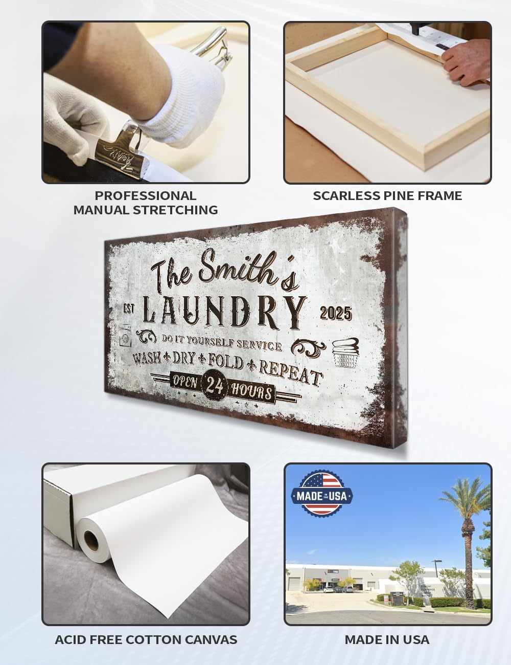 IPIC - Personalized Laundry Room Sign, Custom Large Canvas Wall Art with Family Name, Rustic Farmhouse Wall Decor and Accessories for Business and Home, Wash Dry Fold Repeat