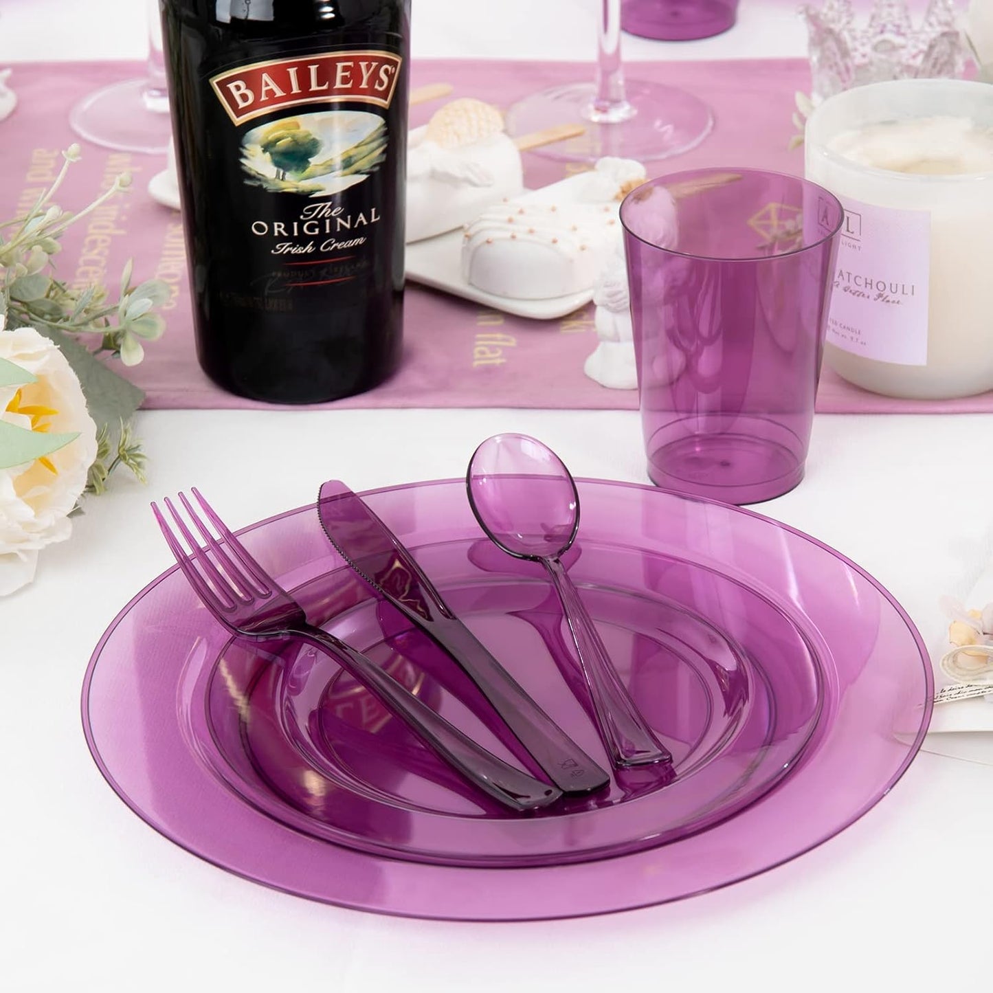 WDF 25 Guest Purple Plastic Plates with Disposable Silverware & Plastic Cups include 25 Neon Clear Purple Dinner & Salad Plates,25Forks, 25Knives,25 Spoons,25Cups for Party